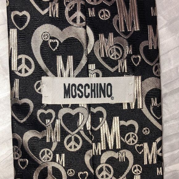 Moschino Black Silver Designer Textured Silk Tie Heart & Peace Logo Print - Picture 5 of 8